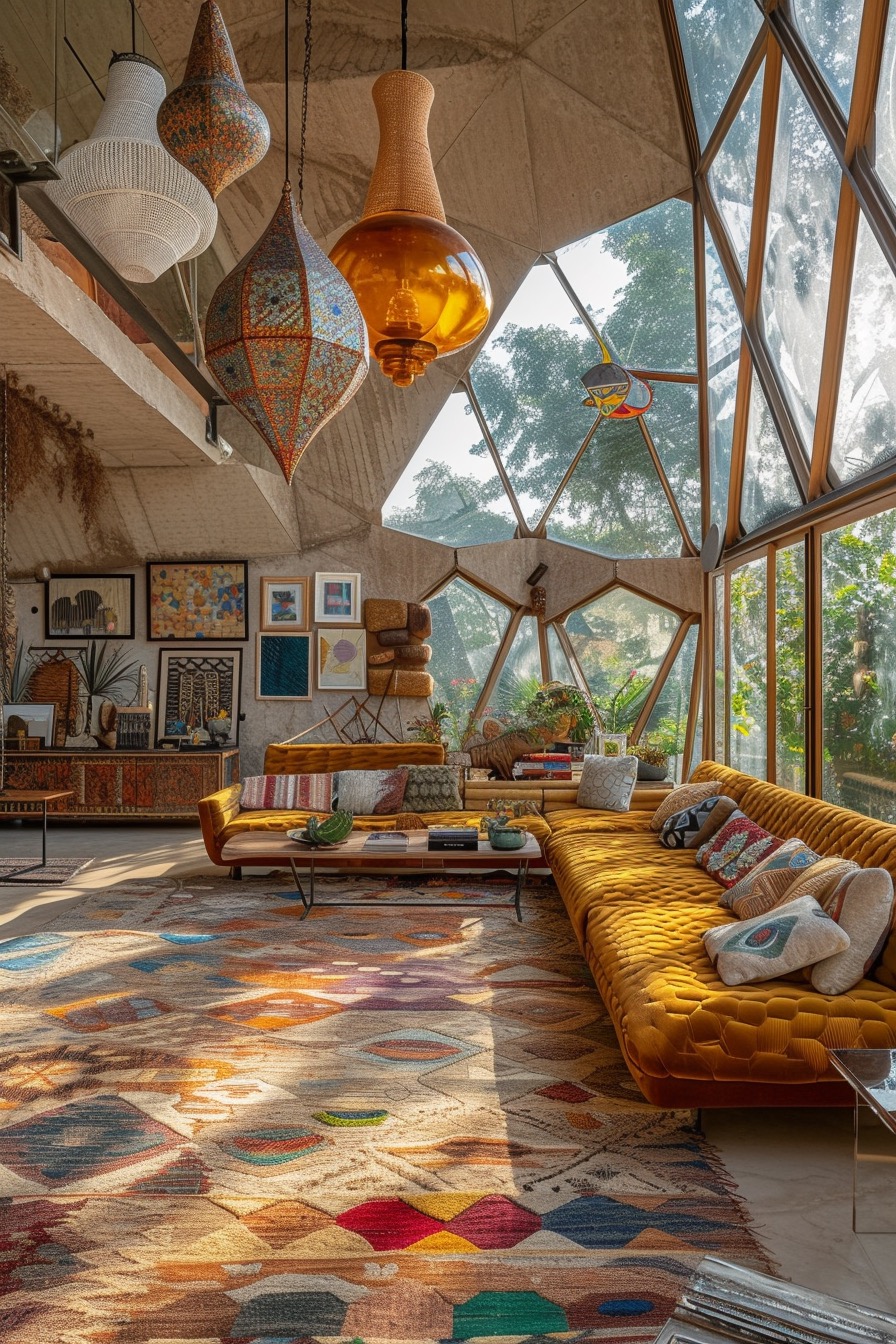 Futuristic 70's inspired geodesic dome with unique pendant lighting