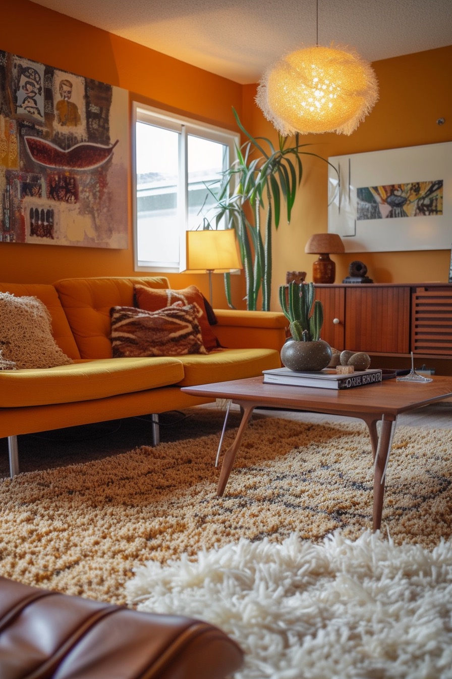 Amber yellow 70s-style living room with textured chandelier and shaggy rugs