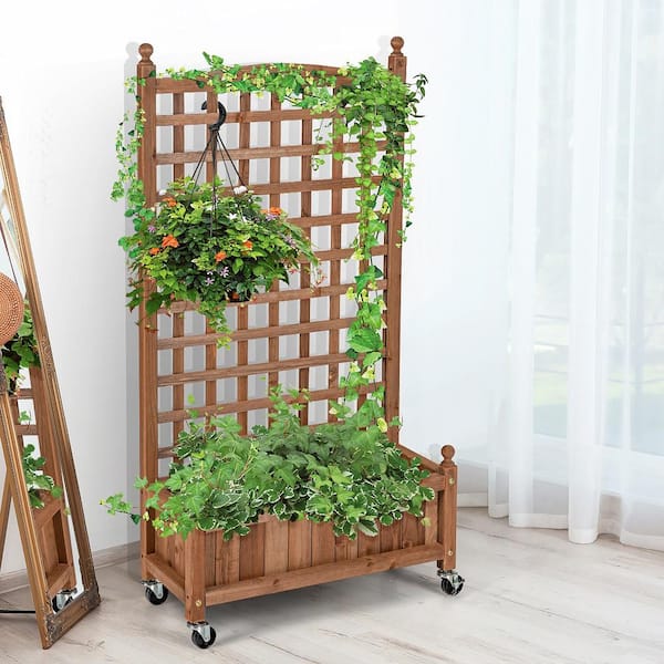 Costway 50 in. Wood Planter Box with Trellis Mobile Raised Bed for .