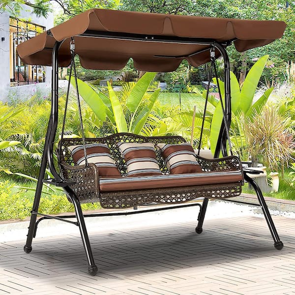 AECOJOY Brown 3-Person Wicker Outdoor Patio Swing with Cushion and .
