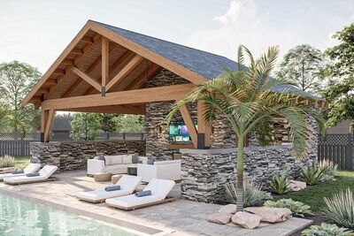 Plan 623205DJ: Rustic Pool House with Large Covered Patio and .