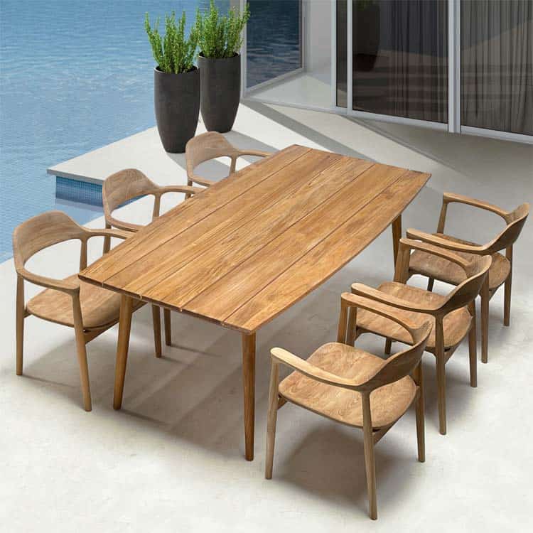 7 Pc Mid Century Modern Outdoor Teak Dining Set - Lara - Teak .