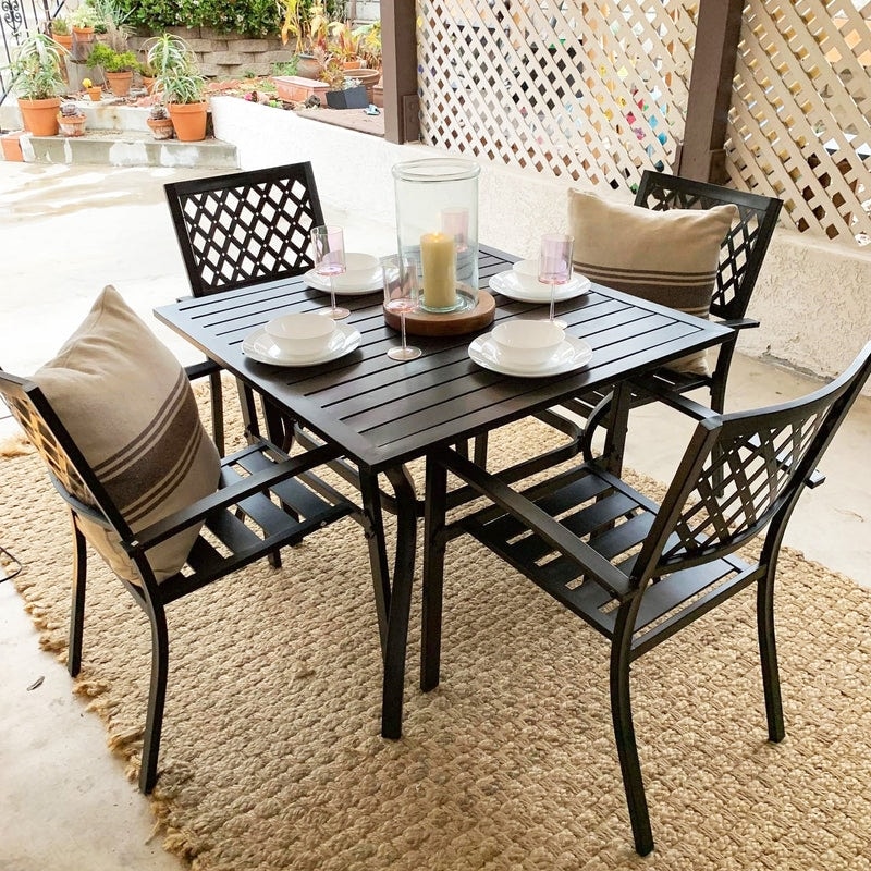 5-piece Outdoor E-coated Patio Dining Set with Stackable Chairs .