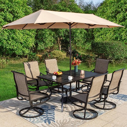 8pc Outdoor Dining Set With Metal Slat Top Table With Umbrella .