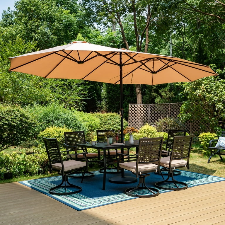 Summit Living 15ft Double-Sided Patio Umbrella with Base Large .