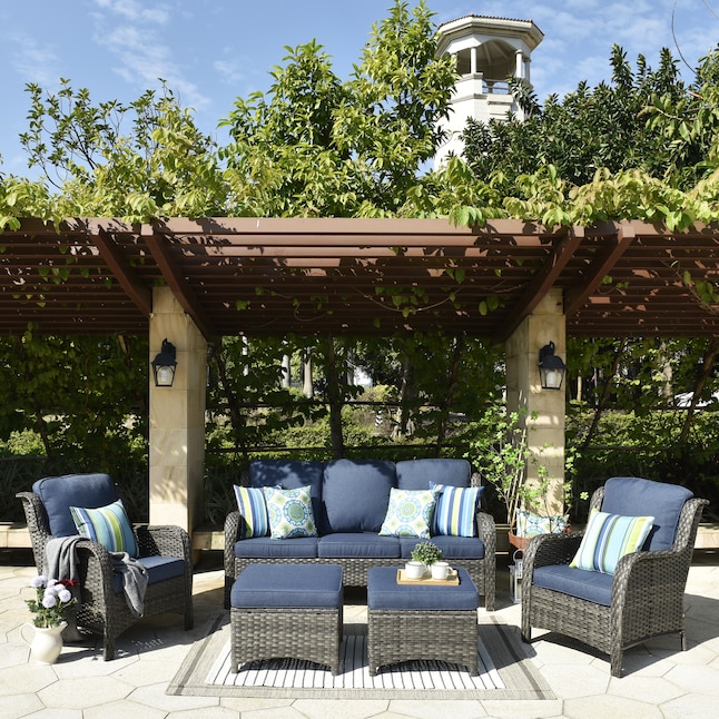 Ovios 5-Piece Rattan Patio Conversation Set with Blue Cushions in .