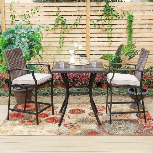 3pc Outdoor Set Metal Table & Metal/wicker Stools With Cushions .
